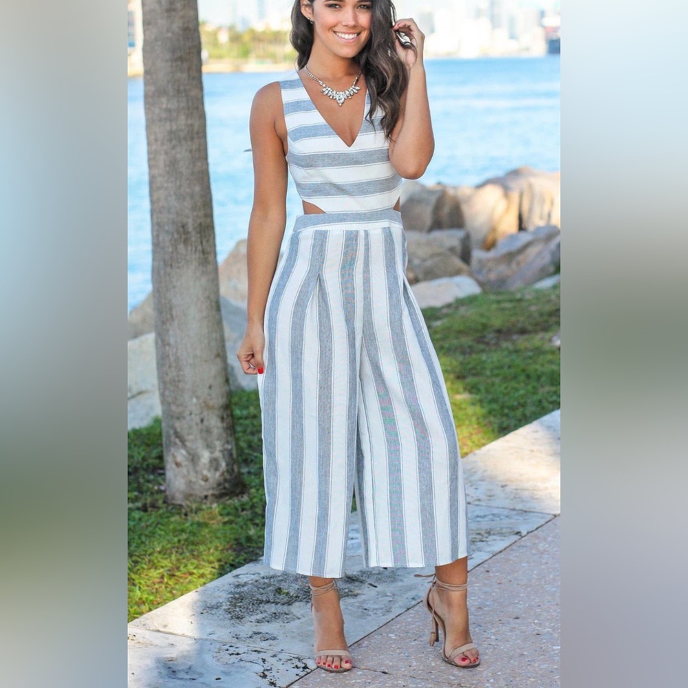 L'ATISTE Blue and White Striped Jumpsuit